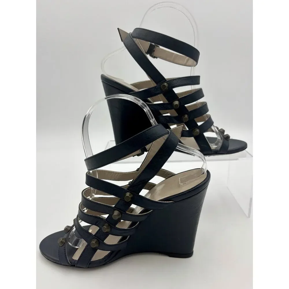 Balenciaga Wedge Sandals Navy Blue Leather Studded Size 39 / 9 Ankle Strap